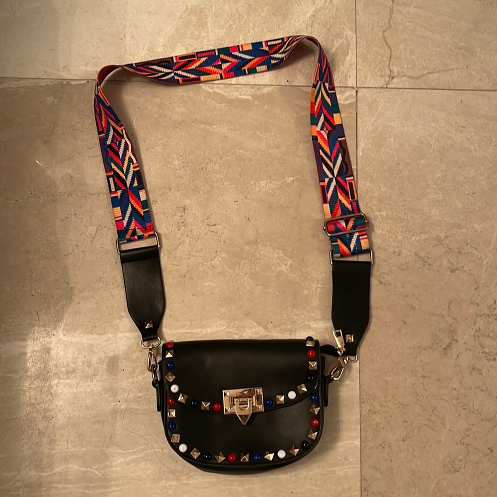 Colorful vegan leather bag with studs and fabric strap